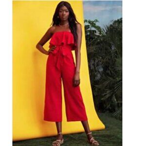 SHEIN | Red Strapless Flounce Overlay Jumpsuit Wide Cropped Leg Belted
